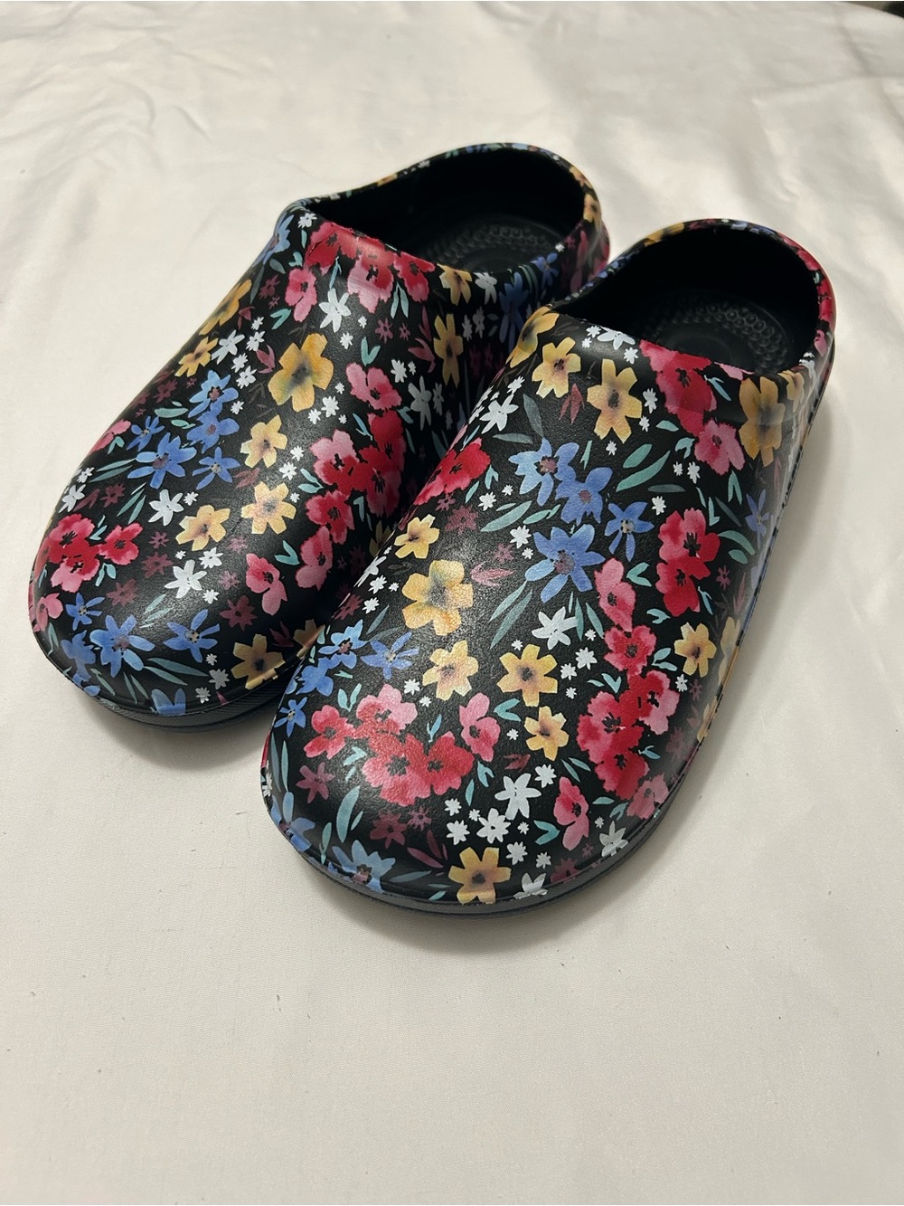 Ladies Floral Slip-On Clog Shoes - Black with Pink, Yellow & Blue Flowers